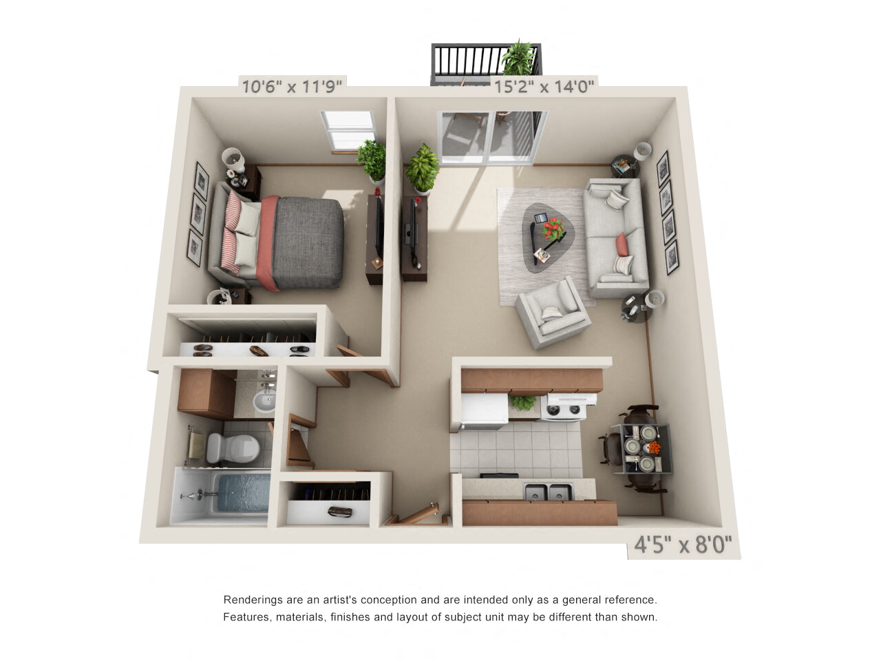 Floor plan for 1 bed, 1 bath, 575 sqft